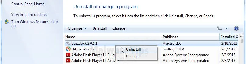 [Image: Uninstall Buzzdock program]