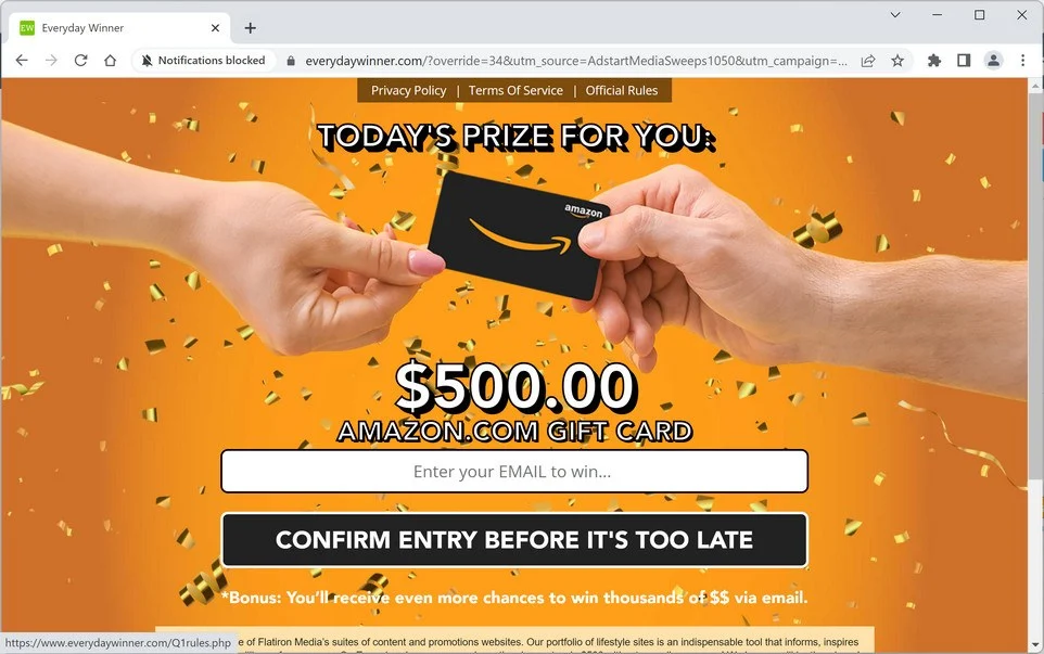 Image: Chrome browser is redirected to Everydaywinner.com