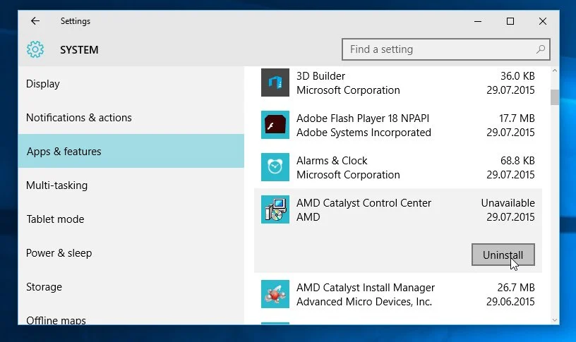 Uninstall Application from Windows 10