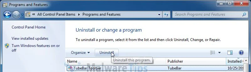[Image: Uninstall TubeBar Toolbar from Windows]