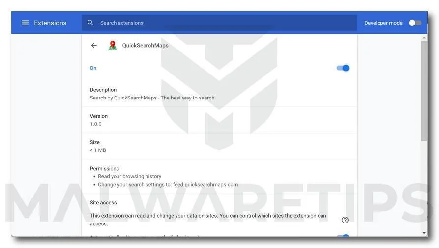 Remove QuickSearchMaps browser hijacker (Virus Removal Guide) 1 Image: QuickSearchMaps Chrome Extension
