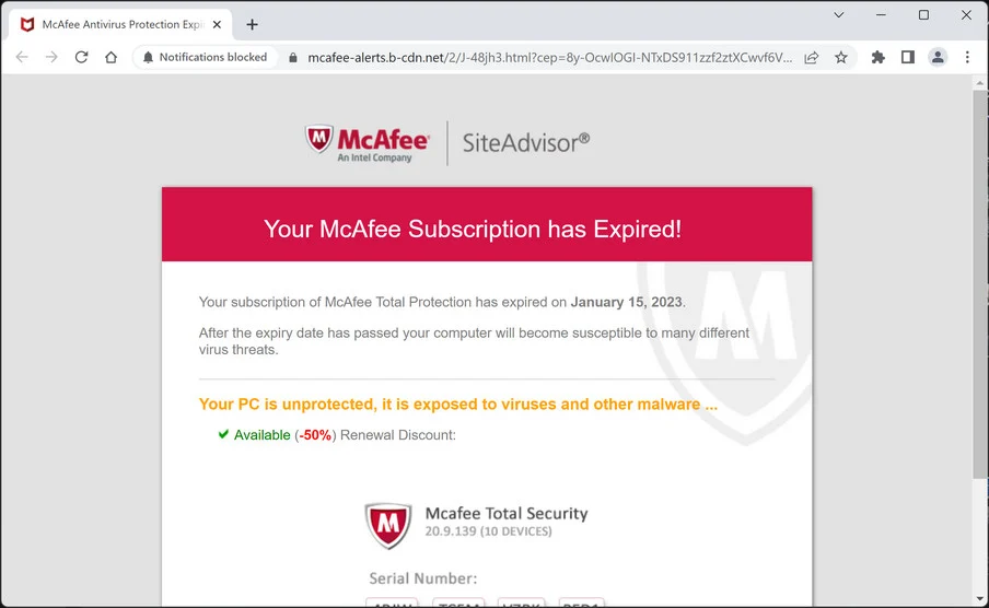 Image: Mcafee-alerts.b-cdn.net Fake McAfee Virus Alert