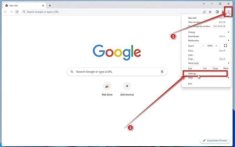 Click on the Chrome menu button then on the Settings button