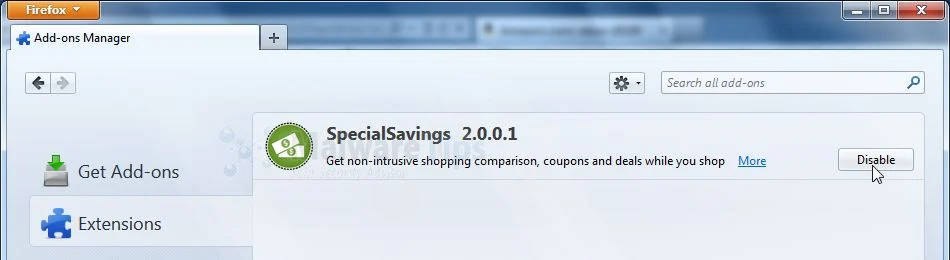 SpecialSavings Firefox extensions [Image: SpecialSavings.com Firefox extensions