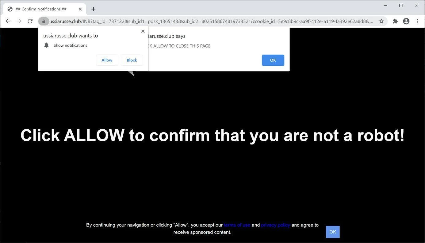 Remove Ussiarusse.club pop-up ads (Virus Removal Guide) 1 Image: Chrome browser is redirected to Ussiarusse.club