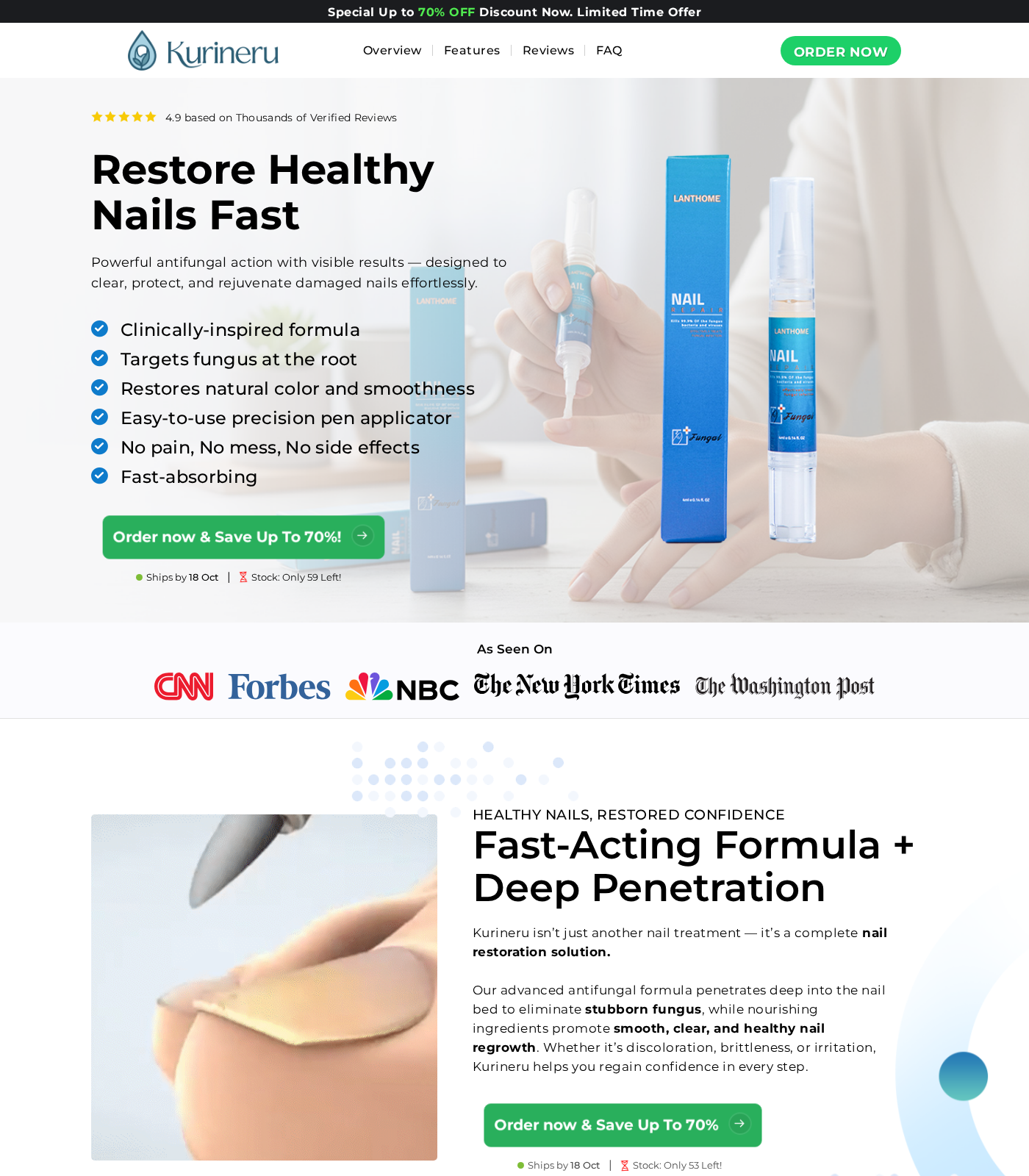 Kurineru nail pen sales page showing LANTHOME-branded packaging, antifungal promises and an unsupported As Seen On media-logo strip