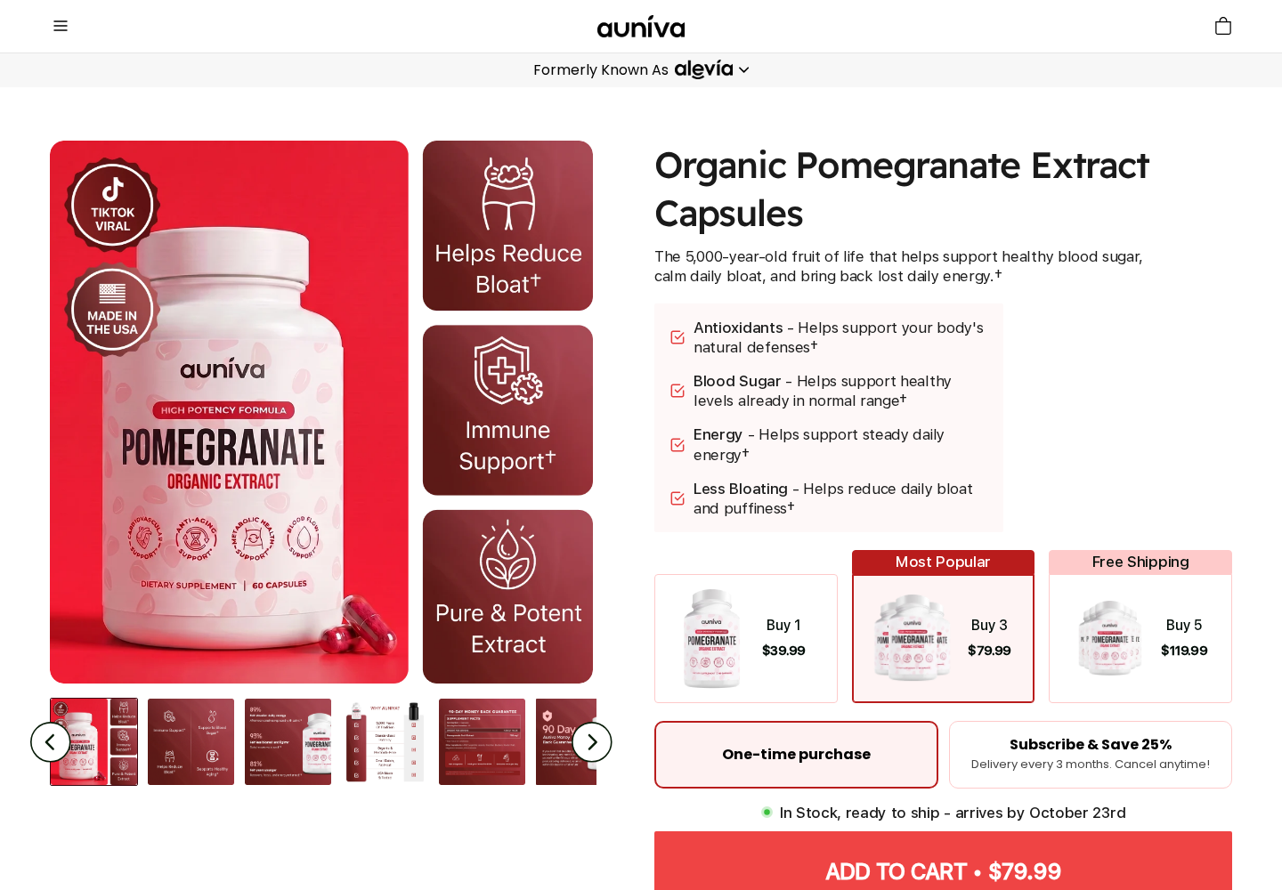 Auniva Pomegranate Reviews: Subscription Rules and Conflicting Refund Terms 1 Auniva Pomegranate capsules offer showing three bottles selected for $79.99 and the one-time purchase option selected