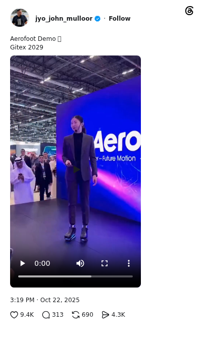 Original Threads post by the creator captioned Aerofoot Demo Gitex 2029 showing a fictional hovering-shoe presentation