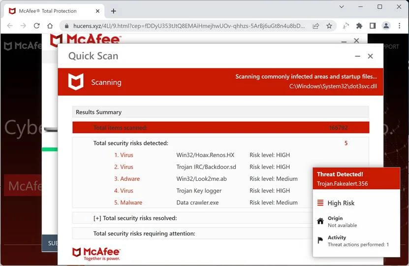 Screenshot of Hucens.xyz Fake Antivirus Scan