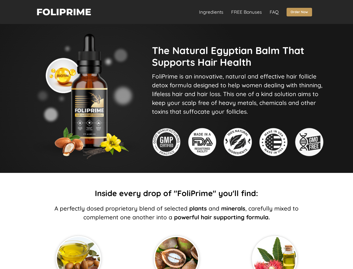 FoliPrime topical serum sales page promoting an Egyptian balm and hair-follicle detox explanation
