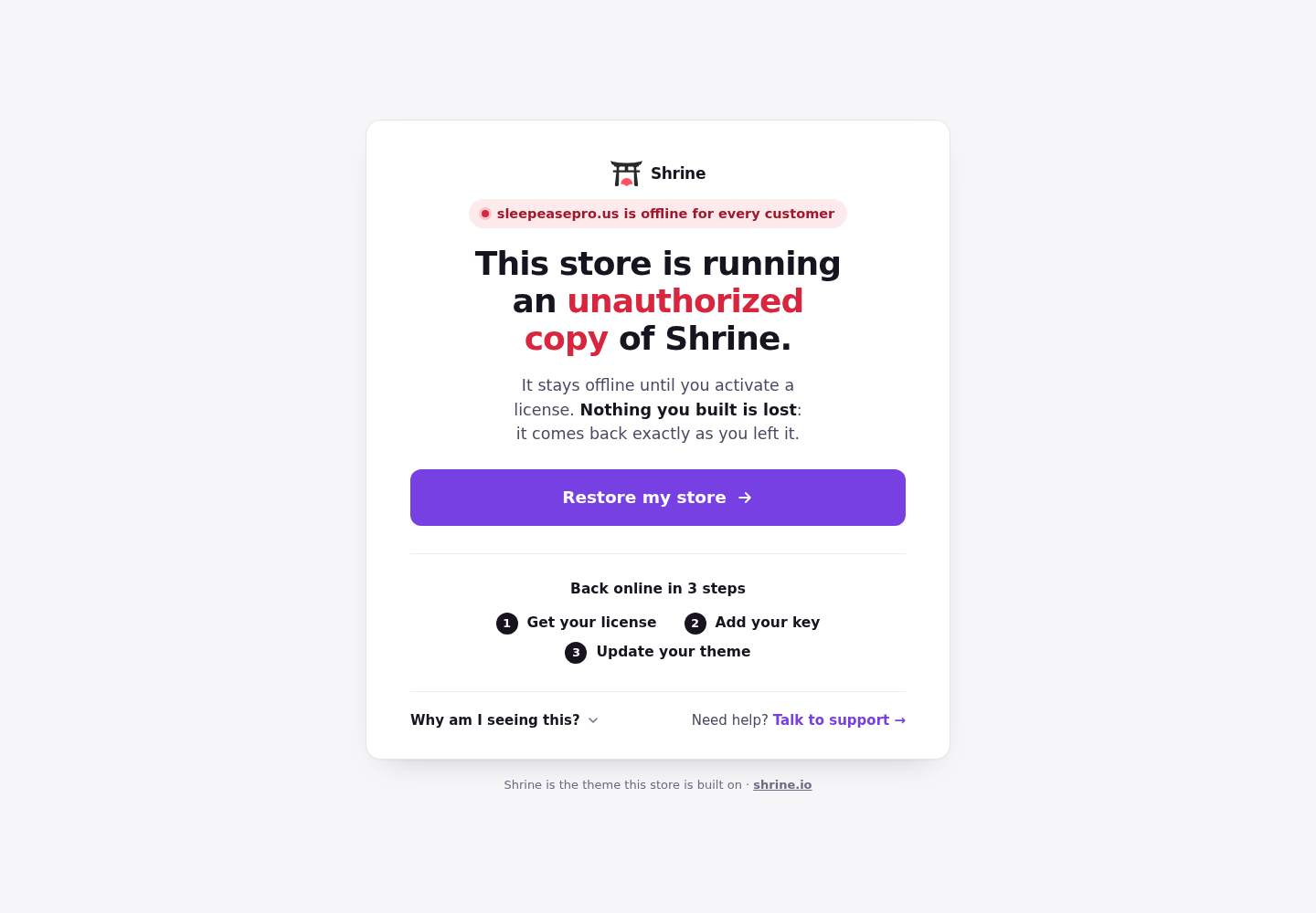 SleepEase Pro website displaying a Shrine notice that the store is offline rather than a usable product offer