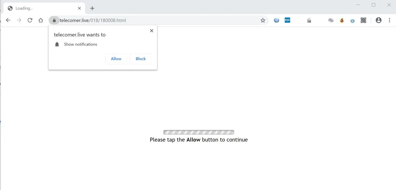 Image: Chrome browser is redirected to Telecomer.live