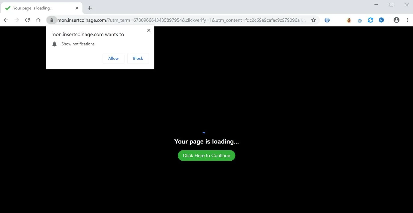 Image: Chrome browser is redirected to Mon.insertcoinage.com