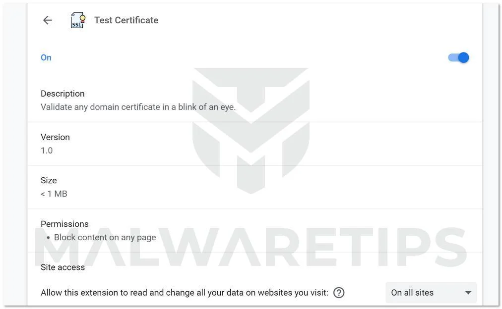 Remove Test Certificate browser extension (Virus Removal Guide) 1 Image: Test Certificate Chrome extension