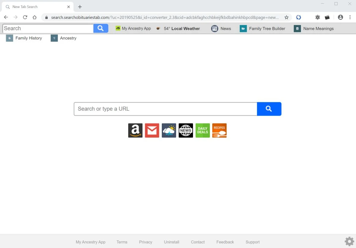 Image: Chrome browser is redirected to Searchobituariestab.com
