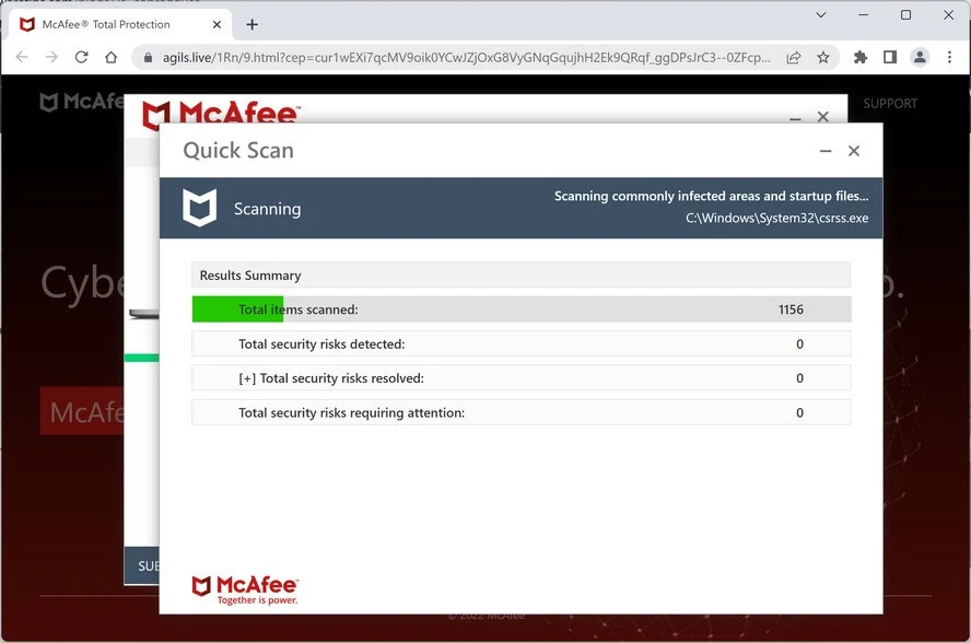 Image: Agils.live Fake McAfee Virus Alert