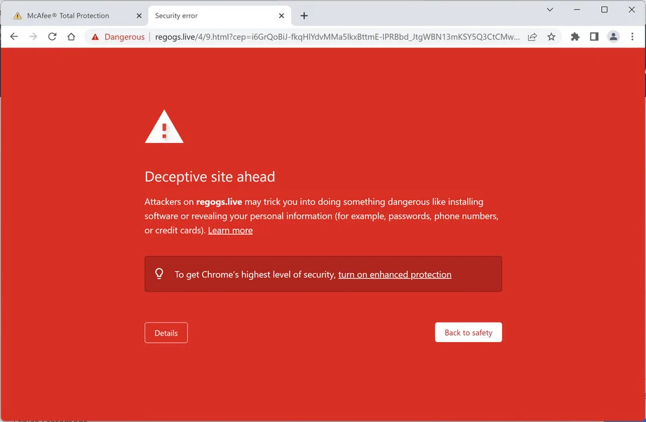 Image: Regogs.live Fake McAfee Virus Alert