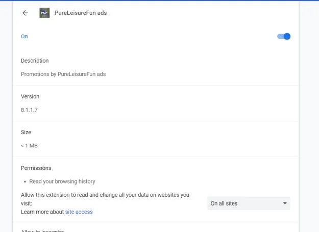Image: PureLeisureFun ads Chrome extension
