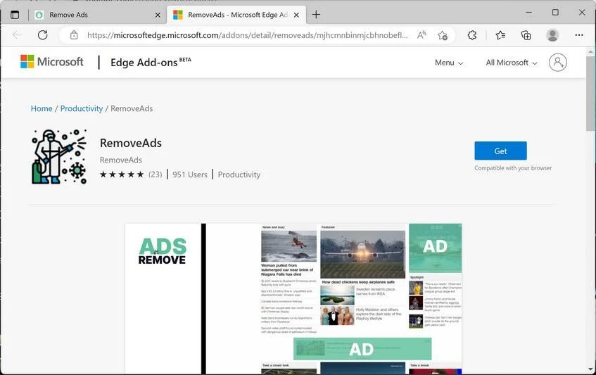 Image: RemoveAds Microsoft Edge Extensio