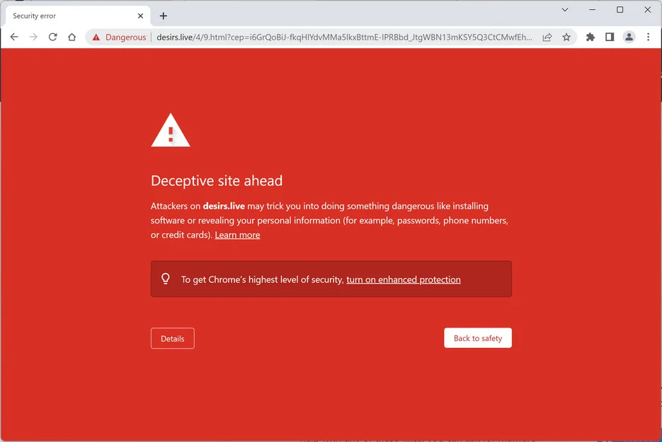 Image: Chrome browser is redirected to Desirs.live