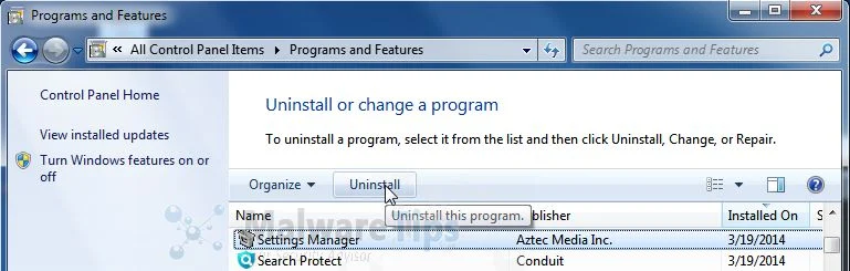[Image: Uninstall Settings Manager from Windows]