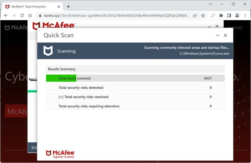 Screenshot of Tunins.xyz Fake Antivirus Scan